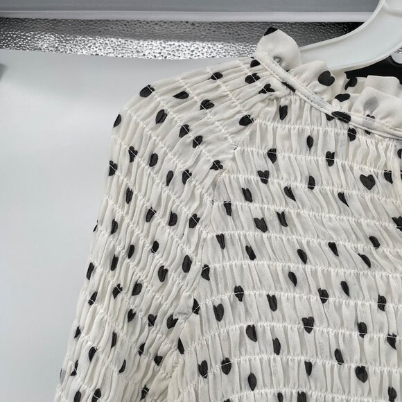 Rose + Olive Heart Print Blouse Long Sleeve Smocked Ivory/Black Size Small - Picture 5 of 8